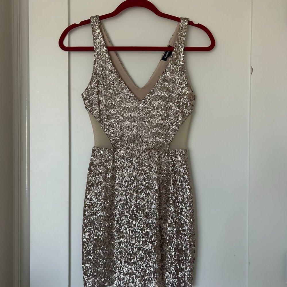 Bebe Sparkle Shine Sequin Cutout Dress in Matte Rose Gold Size XXS